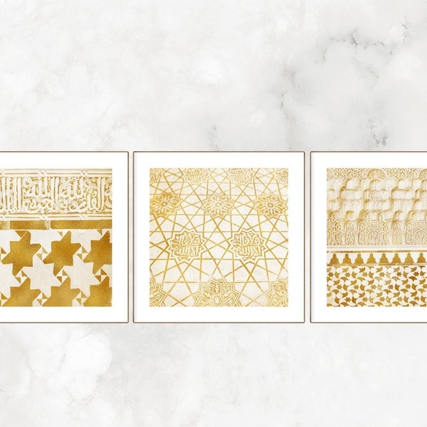 Gold Alhambra Palace Patterns Set of 3 Square Metallic Prints, Andalucia Granada Spain Travel Photography, Boho Home & Office Wall Art Decor