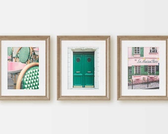 Paris Pink and Green Set of 3 Cityscape + Door Prints, Parisian France Architecture Photography, Chic French Home & Office Wall Art Decor