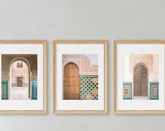 Alhambra Doors Colored Tiles + Arches Architecture Set of 3 Prints, Andalucia Granada Spain Travel Photography, Home & Office Wall Art Decor
