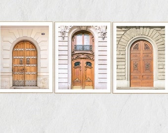 Europe Doors Set of 3 Architectural Prints, Arched Brown Doors Barcelona Florence Paris, European Architecture Home & Office Wall Art Decor