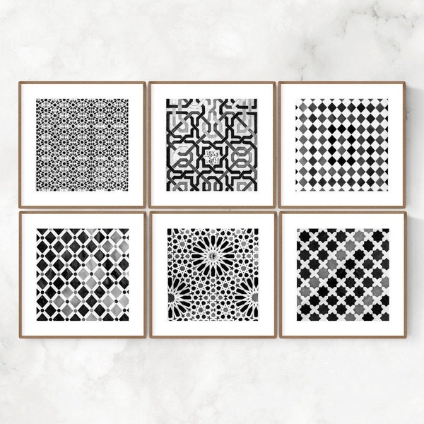 Save 30% Alhambra Set of 6 B+W Square Prints, Andalucia Travel Photography, Geometric Arabic Patterns, Granada Spain Home & Office Wall Art