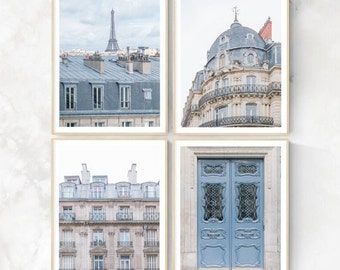 Paris France Architecture Set of 4 Prints, Parisian Cityscape, Blue and Gray Tones, Ornate Details, French, Europe, Home & Office Wall Art