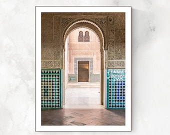 Alhambra Palace Courtyard Print, Colorful Tiles + Arabic Carvings, Andalucia Spain Architecture + Travel, Europe Home & Office Wall Decor