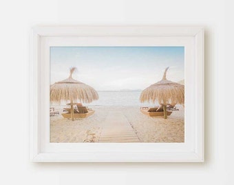 Mallorca Beach Umbrellas Print, Private Resort, Mediterranean Spain Travel Photography, Soothing Light + Airy Home & Office Wall Art Decor