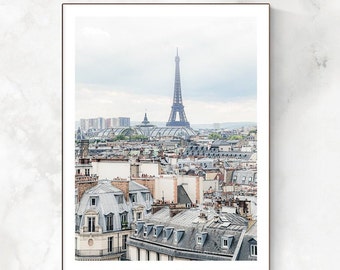 Parisian Rooftops and Eiffel Tower Architecture Print, Paris France Travel Photography, Hazy Moody Gray Skies, Home & Office Wall Art Decor