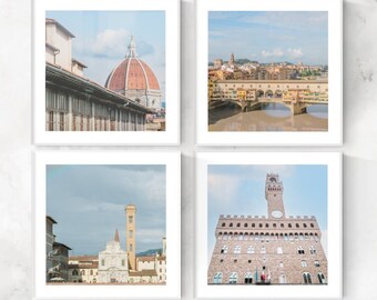 Florence Italy Landmarks Set of 4 Square Prints, Firenze Italian Landscape Scenes and Architecture, Office Kitchen Bath Nursery Home Decor