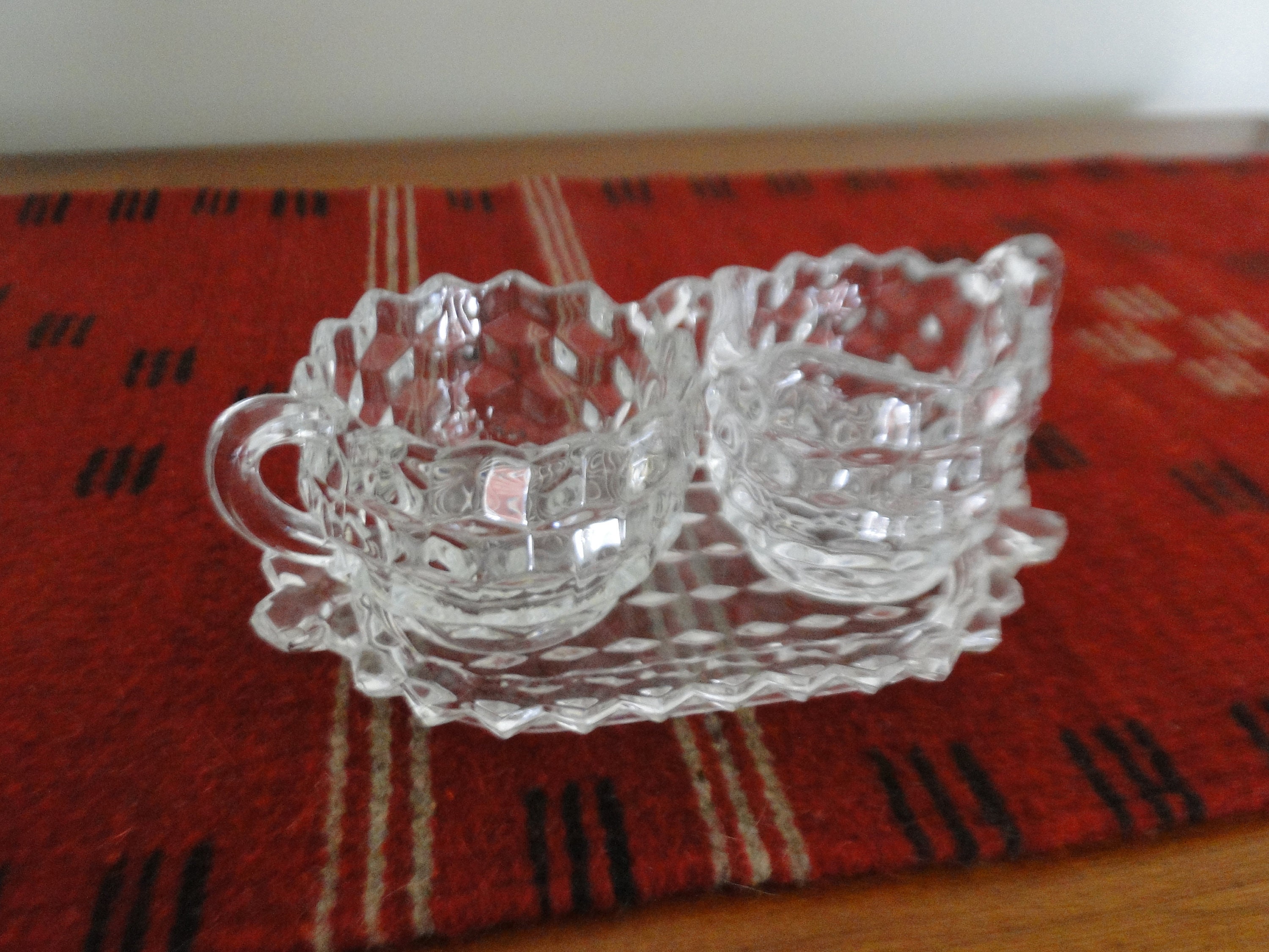Vintage Fostoria Cubic Clear Sugar and Creamer Set with Plate, American