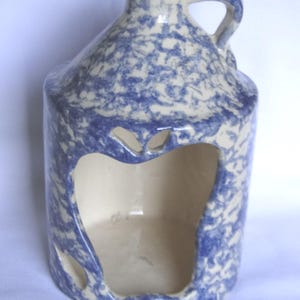 Vintage Blue Spongeware Apple Jug, Alpine Pottery, Roseville Ohio
