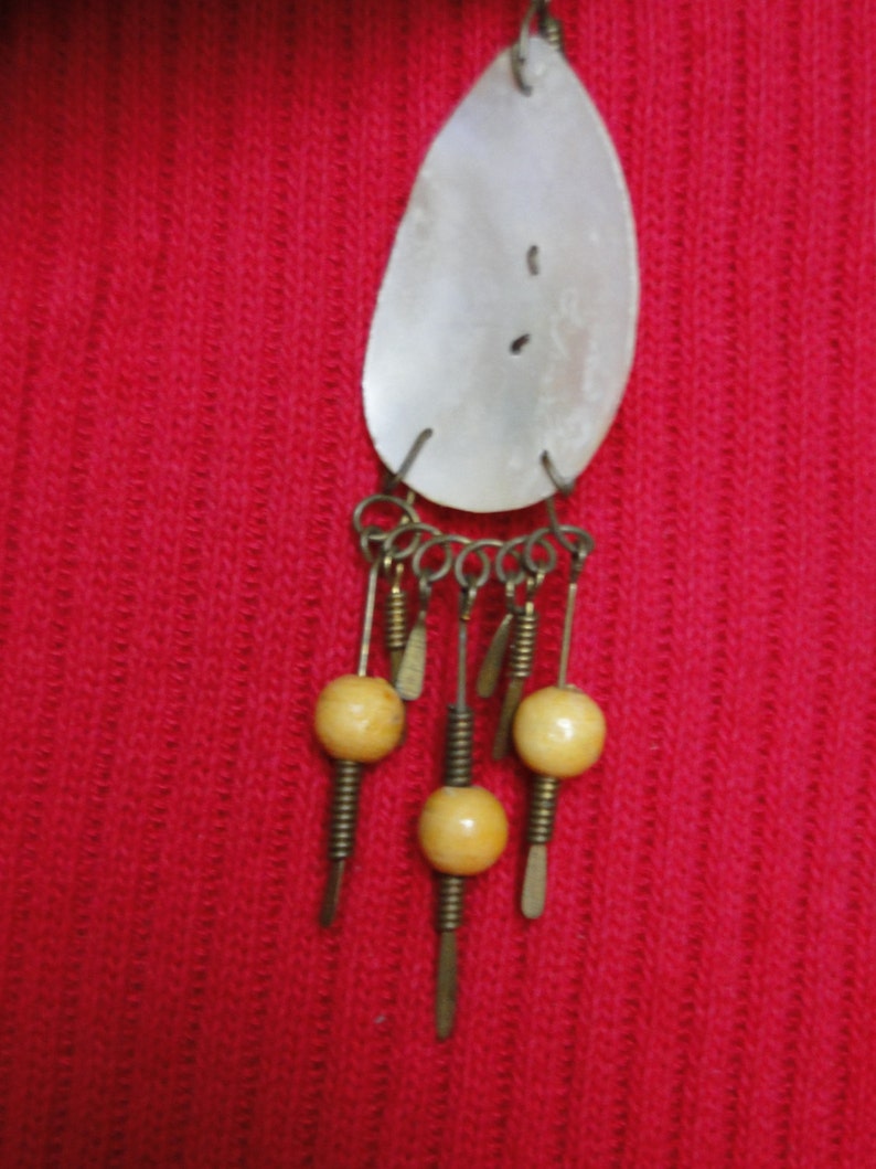 Copper Wire and Wood Primitive Earrings Vintage Pierced Earrings of Shell