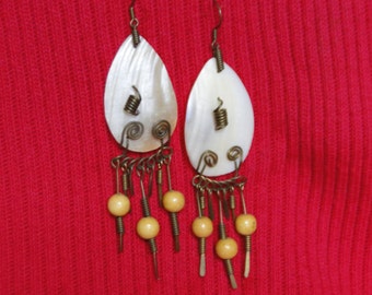 Vintage Pierced Earrings of Shell, Copper Wire and Wood / Primitive Earrings