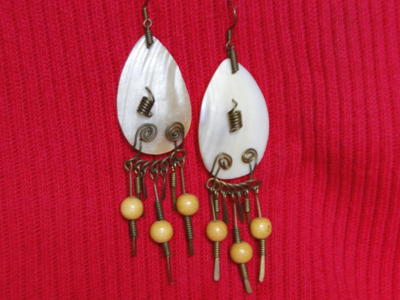 Copper Wire and Wood Primitive Earrings Vintage Pierced Earrings of Shell