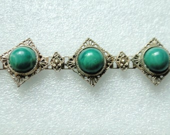 Vintage Bracelet, Brass Filigree and Faux Malachite  / Jewelry / Women's Bracelet