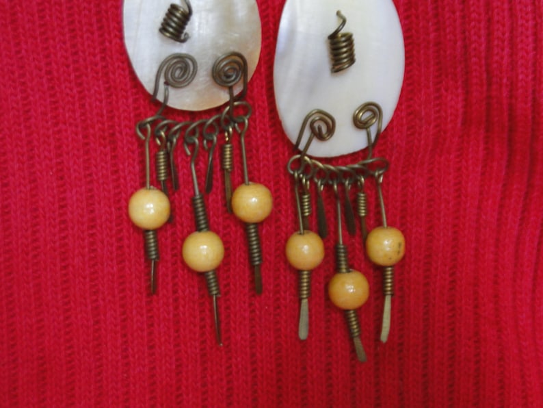 Copper Wire and Wood Primitive Earrings Vintage Pierced Earrings of Shell
