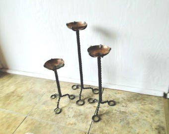 Three Vintage Arts and Crafts Twisted Iron and Copper Candlestick Holders / Home Decor / Rustic Lighting,1980's, Cabin Decor