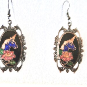 Vintage Mystical Unicorn Pierced Earrings Copper and Cloisonne, Filigree Style Unicorn Earrings, Women&#39;s Gift