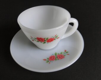 Vintage Fire King Milk Glass Cup and Saucer with Red Roses / Kitchen and Dining / Collectables / Serving