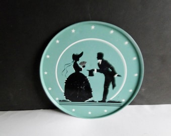 Vintage Green Metal Colonial Serving Tray with Silouette of Lady and Gentileman, 1940's Tray, Serving and Dining