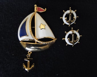 Vintage Enameled Nautical Pin and Earrings for Pierced Ears, Sailing Pin and Earring Set, Boating Jewelry