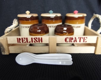 Vintage 70's Relish Picnic Tray of Wood Slates with Three Ceramic Pots and Salt and Pepper Set / Rustic Tray / Picnic Tray