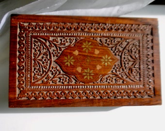 Vintage Carved Jewelry Box with Brass Flowers and Copper Leaves / Jewelry Storage