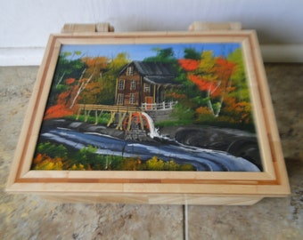 Vintage Inlaid Wood Jewelry Box with Painted Scene of Waterwheel and House, Trinket Box, Keepsake Box, Cheveron Box