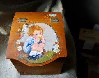 Vintage Hinged Wood Storage Box with Little Girl Painting / Child's Box / Receipe Box / Accessory Box