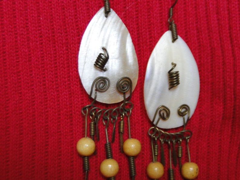Copper Wire and Wood Primitive Earrings Vintage Pierced Earrings of Shell