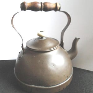 Théière vintage en cuivre avec anse en bois, pot de fleurs rustique