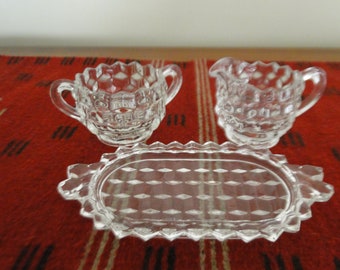 Vintage Fostoria Cubic Clear Sugar and Creamer Set with Plate, American Cubic Design, 1960's, Serving Set, Kitchen Set