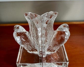 Vintage Indiana Cut Glass Pouter Pigeon Bookends, Collectible Glass, Clear Bookends, Bird Bookends, 50's Birds