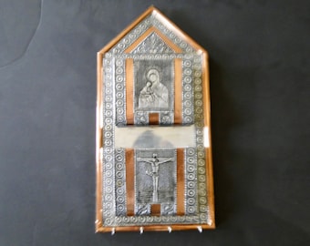 Vintage Copper and Silver Tin Work Letter and Key Holder.  Religious Wall Hanging.