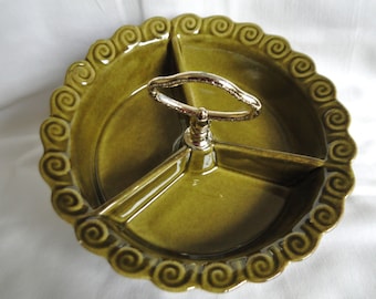 Vintage Relish Dish, Midcentury California Art Pottery Divided Relish Dish with Handle, Serving