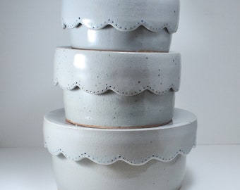 Handmade Ceramic Box, Light Gray Glaze & Blue Dots