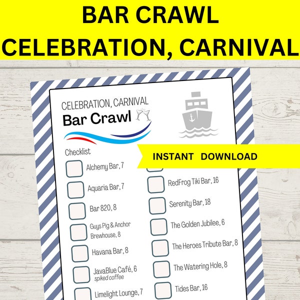 Celebration Carnival Cruise Bar Crawl Checklist, Booze Cruise checklist, Game Bar Crawl, Printable, Cruising Checklist, Carnival Cruise Line