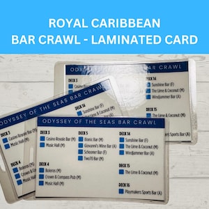 May include: Laminated bar crawl cards for Royal Caribbean's Odyssey of the Seas cruise ship. The cards list bars on various decks, including Deck 3, Deck 14, and Deck 15. The cards are in clear plastic sleeves.