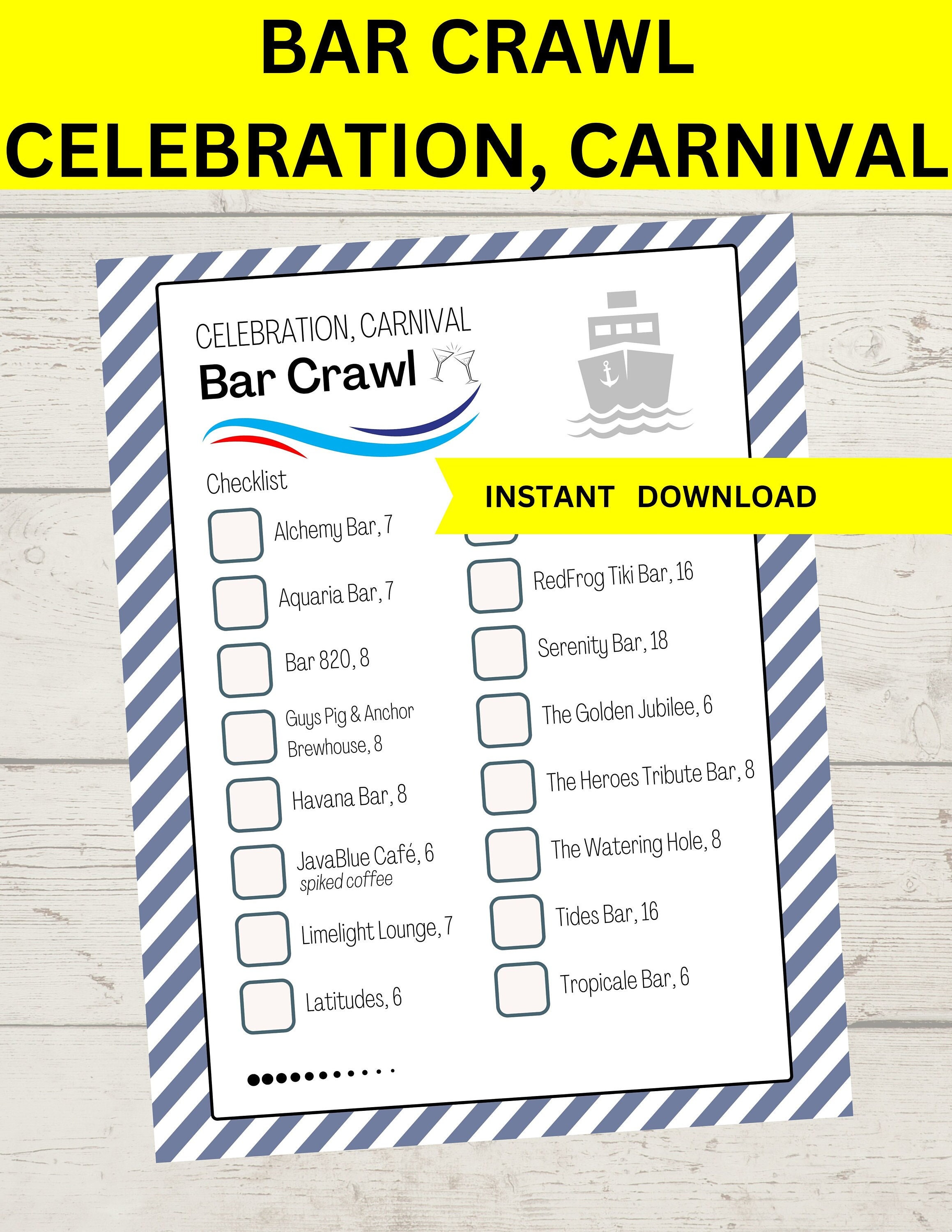 Celebration Carnival Cruise Bar Crawl Checklist, Booze Cruise Checklist