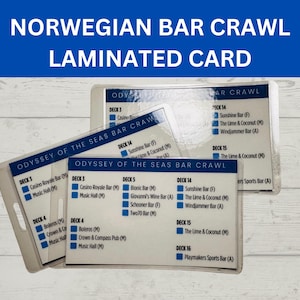 May include: Laminated card with the text "NORWEGIAN BAR CRAWL" in white on a blue background. The card lists bars and decks on a cruise ship, with the text "ODYSSEY OF THE SEAS BAR CRAWL".