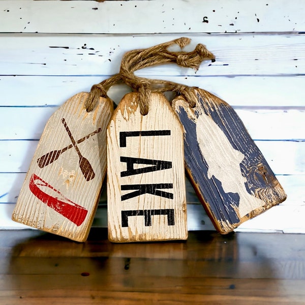 Rustic Lake Wood Sign, Distressed Cabin Decor, Lake House Wood Sign Tag Set, Lake Canoe Fishing Sign, Lake House Decor, Lodge Cabin Decor