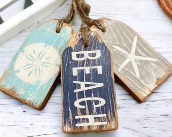 Beach Wood Sign, Beach House Decor, Distressed Beach Tag Set, Beach Starfish Sand Dollar Wood Sign, Coastal Decoration, Nautical Theme Decor