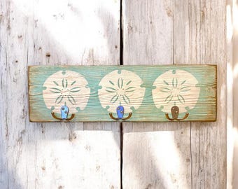 Beach House Hook Rack, Sand Dollar Wood Sign, Coastal Sign Key Holder, Rustic Beach Decor, Beach House Gift, Entryway Decor, Beach Cottage