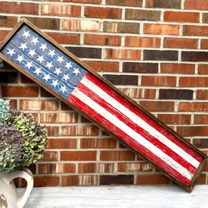 Wood American Flag, Rustic Framed USA Sign, Primitive Distressed Liberty Sign, Patriotic Decor, 4th of July 4ft Skinny Long Large Merica image 1