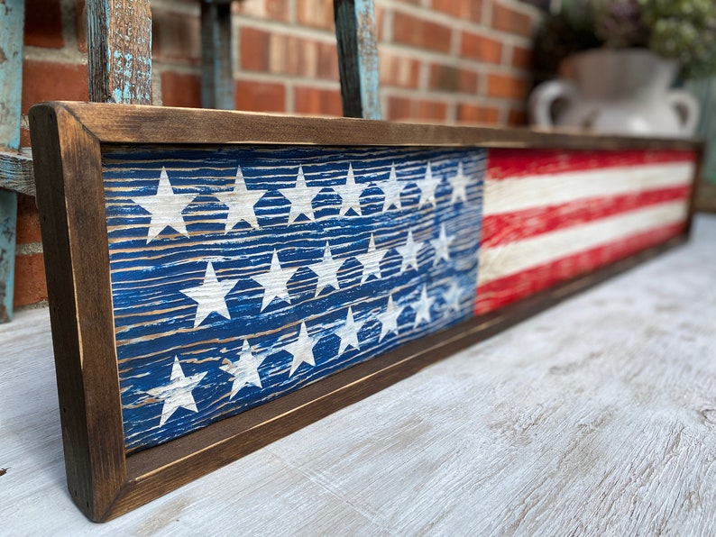 Wood American Flag, Rustic Framed USA Sign, Primitive Distressed Liberty Sign, Patriotic Decor, 4th of July 4ft Skinny Long Large Merica image 3