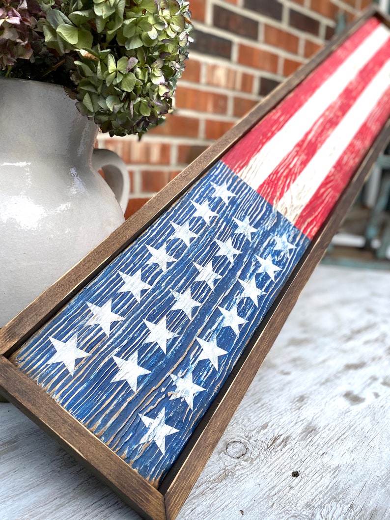 Wood American Flag, Rustic Framed USA Sign, Primitive Distressed Liberty Sign, Patriotic Decor, 4th of July 4ft Skinny Long Large Merica image 6