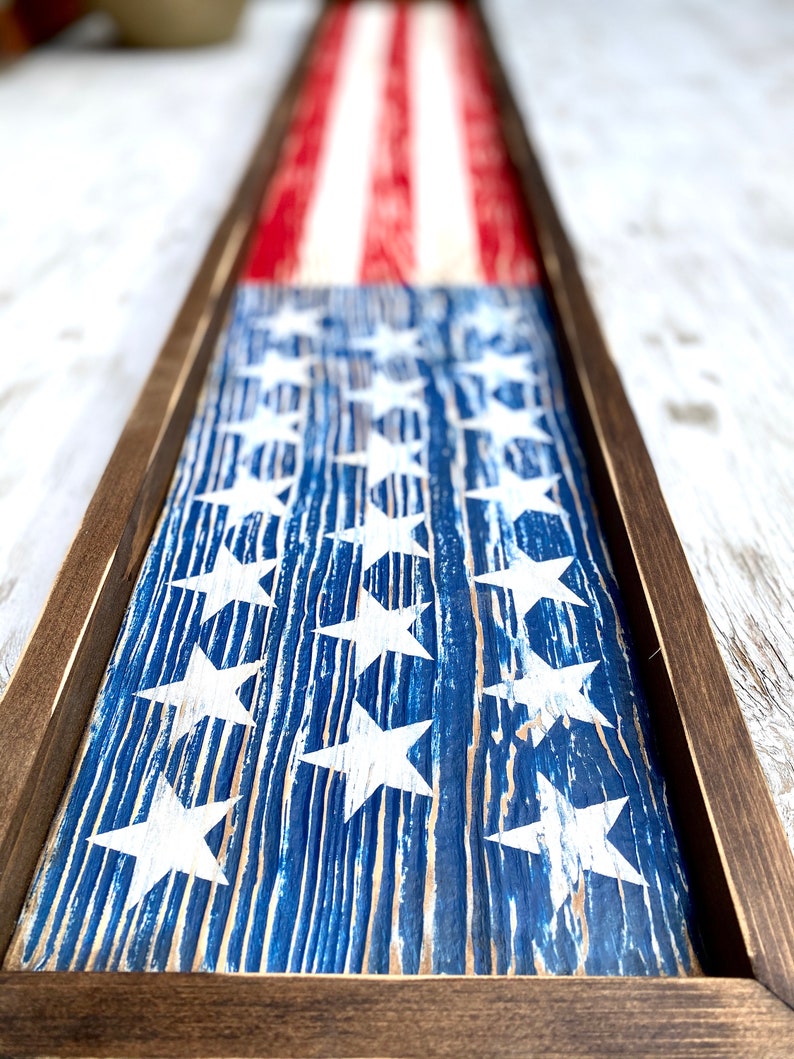 Wood American Flag, Rustic Framed USA Sign, Primitive Distressed Liberty Sign, Patriotic Decor, 4th of July 4ft Skinny Long Large Merica image 2