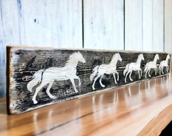 Horse Wood Sign, Rustic Equestrian Sign Wall Art Decor, Distressed Wood Sign ,Cabin Decor, Farmhouse Decor, Country Decor, White Horses 3 Ft