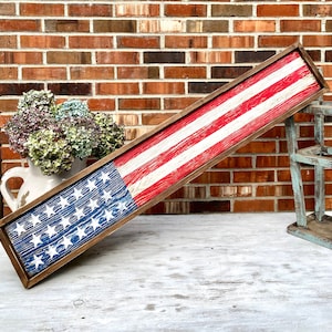 Wood American Flag, Rustic Framed USA Sign, Primitive Distressed Liberty Sign, Patriotic Decor, 4th of July 4ft Skinny Long Large Merica image 7