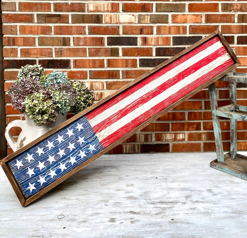 Wood American Flag, Rustic Framed USA Sign, Primitive Distressed Liberty Sign, Patriotic Decor, 4th of July 4ft Skinny Long Large Merica image 7