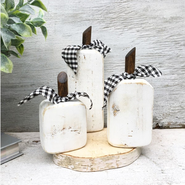 Rustic Wood Pumpkin Set of 3: Antique White Farmhouse Fall Decor
