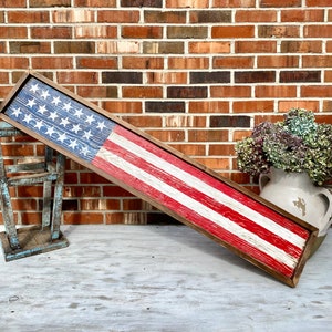 Wood American Flag, Rustic Framed USA Sign, Primitive Distressed Liberty Sign, Patriotic Decor, 4th of July 4ft Skinny Long Large Merica image 5