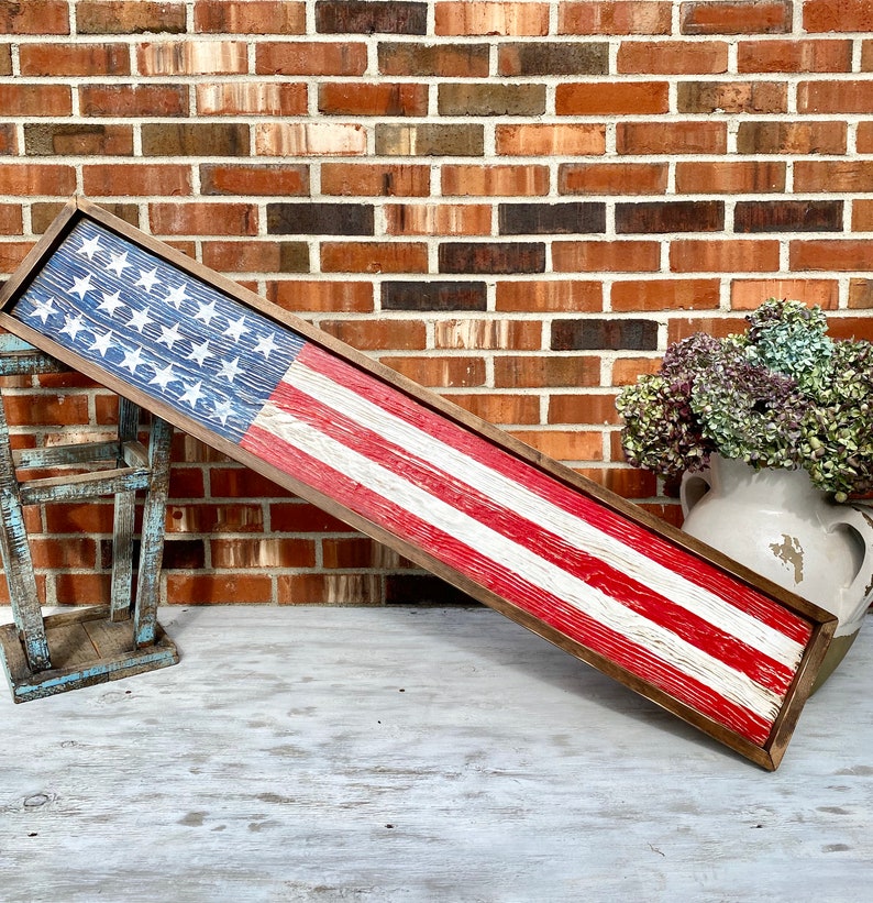 Wood American Flag, Rustic Framed USA Sign, Primitive Distressed Liberty Sign, Patriotic Decor, 4th of July 4ft Skinny Long Large Merica image 5